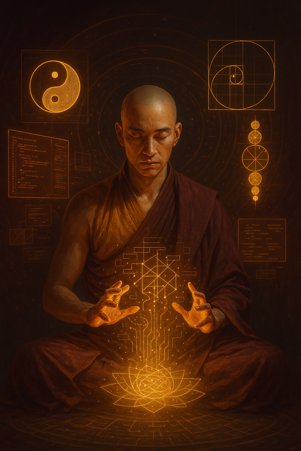 Meditating monk architecting intelligent flow